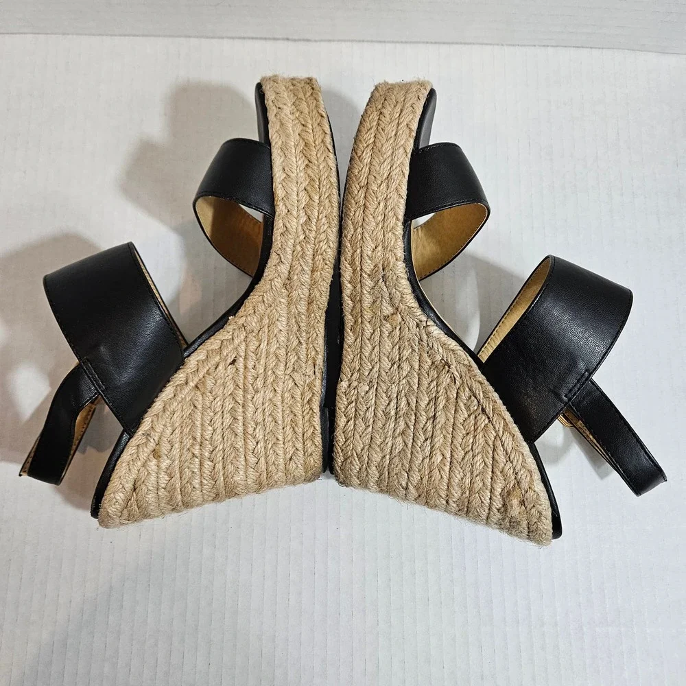 Allegra K Black Strappy Platform Jute Wedge Espadrille Sandals Size 6.5‎